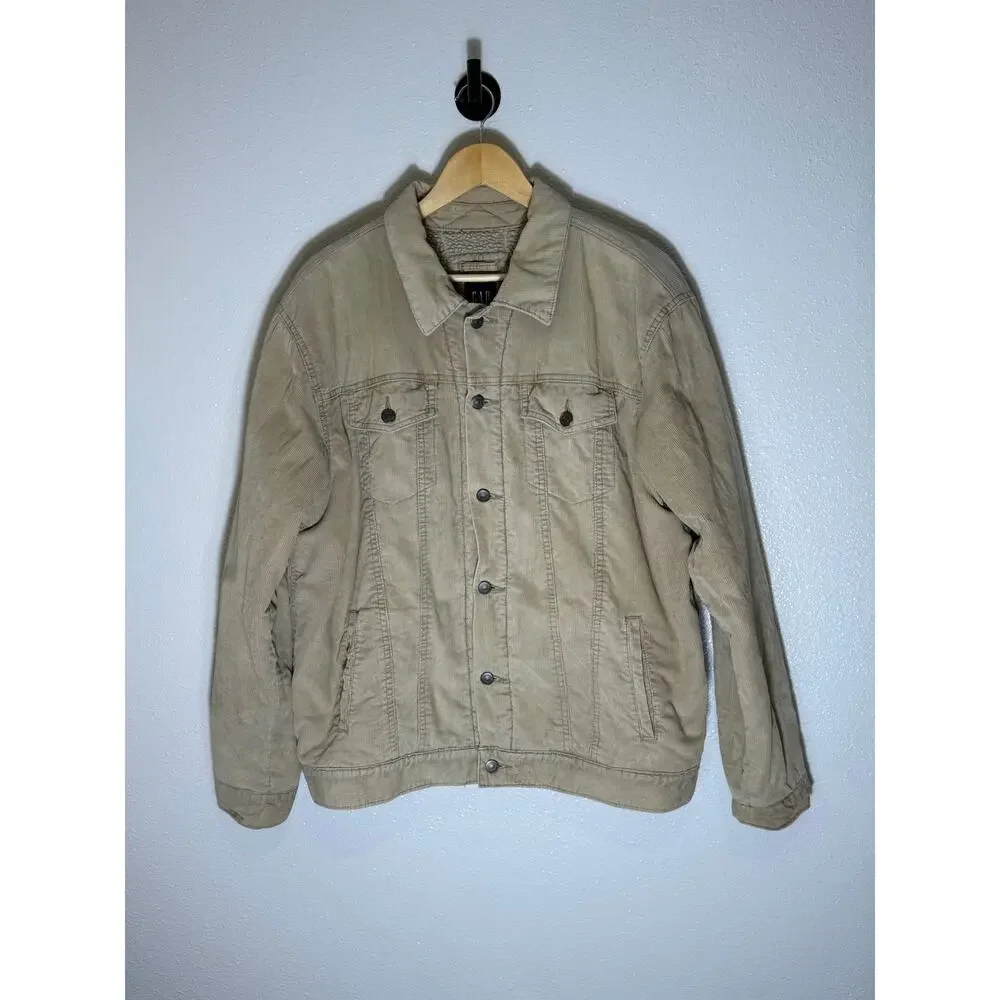 Gap Jacket Men’s Large Sherpa Lined Vintage Y2K 90s Tan Corduroy Trucker - Picture 2 of 9